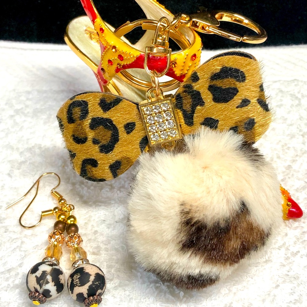 Set of two -faux fur key chain with leopard print accent and matching earring